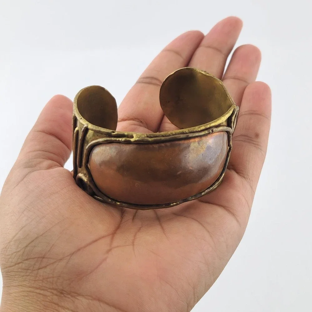 Vintage‎ Brutalist Mixed Metal Repousse Cuff Bracelet Copper Brass Studio Art